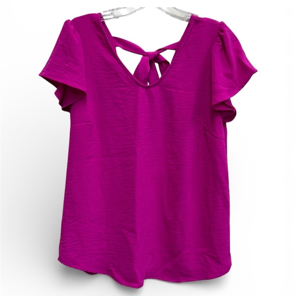 NEW London rose Vibrant Magenta Blouse with Back Tie Flutter Sleeve Women’s Med